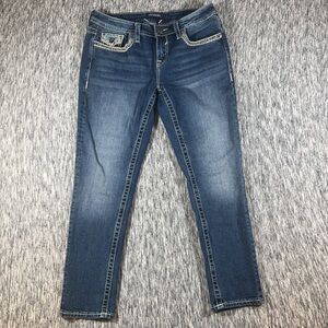 VIGOSS Capri Womens Size 8 Denim Blue Jeans Stretch Distressed Faux Flap Pocket